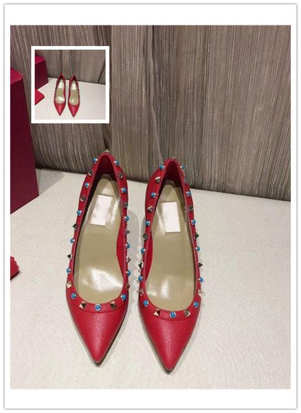 

luxury patent leather women pointed toe studs pumps fashion rivet stiletto high-heeled shoes, Black