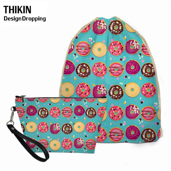 

thikin ice cream / donuts drawstring backpack for teenager girls pu make up box professional women's vanity bag 2pcs lady pouch