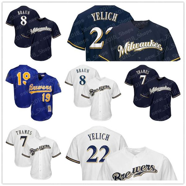 

22 Christian Yelich Brewers jersey 7 Eric Thames 8 Ryan Braun 19 Robin Yount Milwaukee baseball jersey