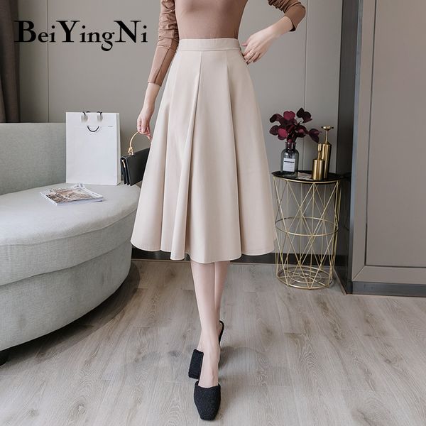

beiyingni elastic high waist skirts womens pleated korean casual a line fashion all-match skirt woman elegant simple faldas, Black