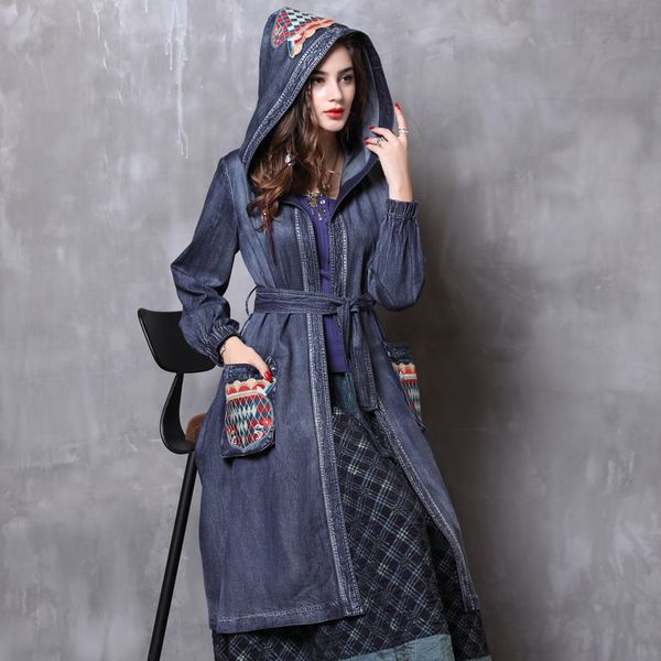 

denim trench coat womens 2019 autumn winter vintage retro long lantern sleeve hooded bleted coat female casaco feminino, Tan;black