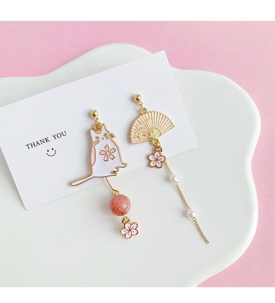 

cat fan earrings pink flower pearl earrings fringed ears clip for women, Silver