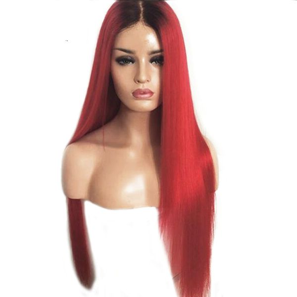 

26 дюймов прямой синтетический парик фронта шнурка с темным корнем 180% плотность термостойкие волосы ombre красные парики для чернокожих же, Black