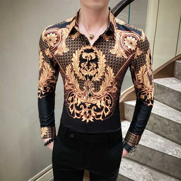 

men's social shirt long sleeve luxury silk dress shirt man vintage gold printed black casual slim fit male fashions blouse, White;black