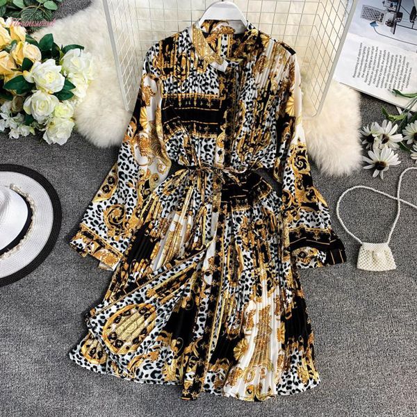 

2020 spring and summer womens leopard print pleated dress long sleeved chiffon shirt dress lace loose fashion dress large size, Black;gray