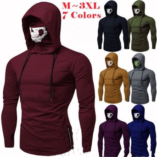 

mens gym thin hoodie casual long sleeve hoodies with mask skull sweatshirt, Black