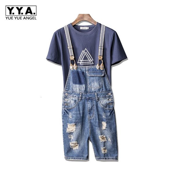 

boys summer casual denim shorts knee length jumpsuits hole ripped jeans zipper mens shorts streetwear washed denim suspenders, Blue