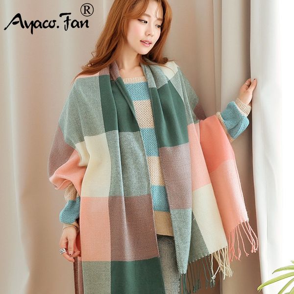 

women cashmere scarves 2019 autumn winter new female wool plaid scarf lady wide lattices long shawl wrap blanket warm tippet, Blue;gray