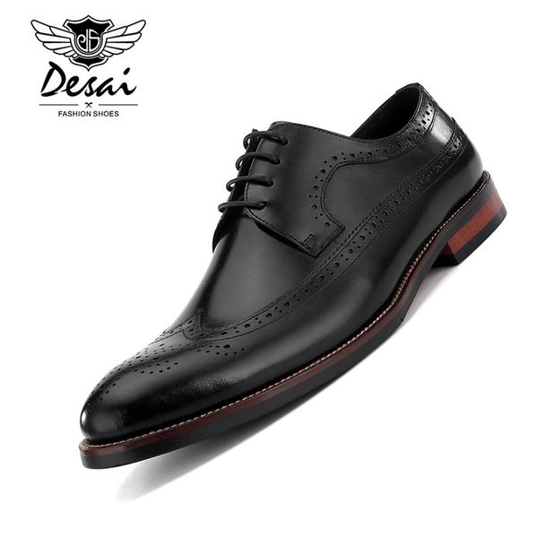 

desai men's brogue leather shoe business genuine leather dress shoes hand carved flower cusp head british style formal shoes men, Black