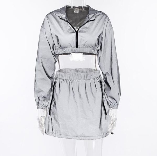 

new women's reflective color hooded navel short long-sleeved jacket + elastic waist skirt two-piece suit, White