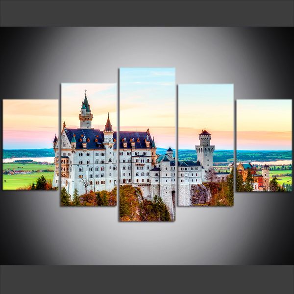 

5 piece large size canvas wall art pictures creative neuschwanstein castle poster art print oil painting for living room