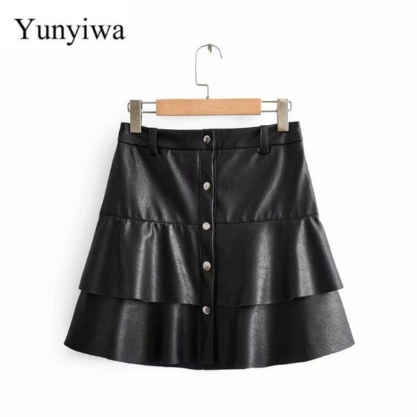 

skirts women vintage cascading ruffles pu leather mini skirt faldas mujer ladies single breasted casual vestidos chic, Black