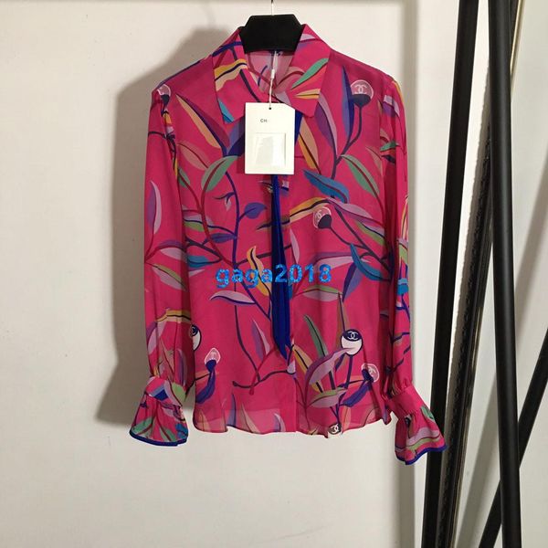 

высокого класса женщины девушки шелковая рубашка цветочным принтом жемчуг кнопка длинным рукавом нагрудные шеи блузка тройник взлетно-посадо, White