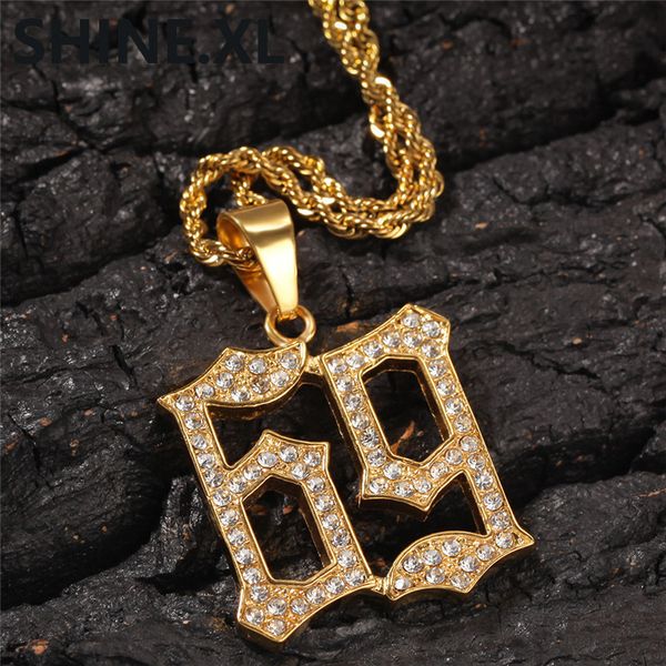 

hip hop gold stainless steel chain number 69 pendant necklace iced out full rhinestone necklace 6ix9ine rapper jewelry, Silver