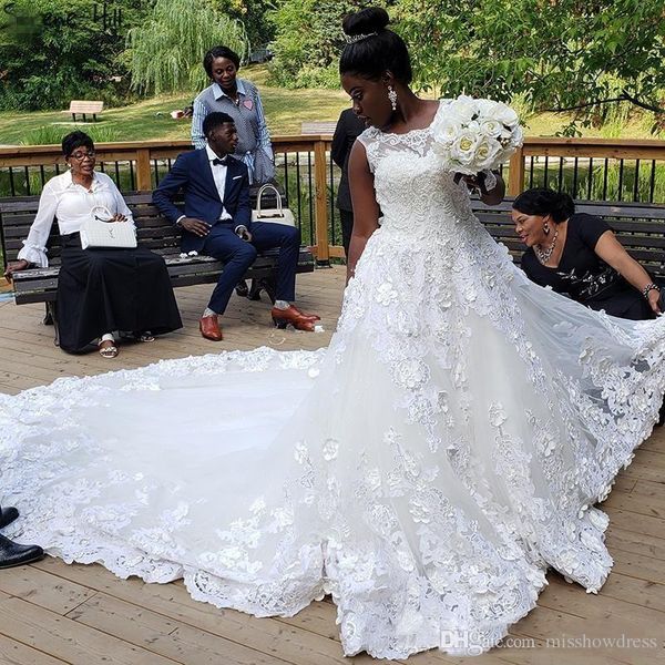 

plus size nigerian african princess wedding dresses 3d floral lace crystal church wedding dress bridal gowns vestidos de novia custom, White