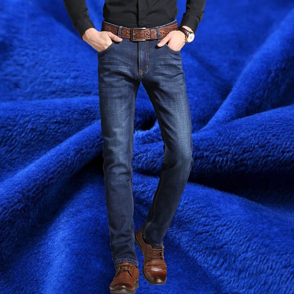 

autumn and winter jeans men's stretch slim men's trousers plus velvet warm long pants, Blue