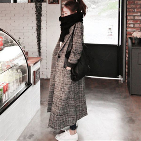 

style korean style loose woman wool blend coat autumn winter chic plaid single button turn-down collar casual female coats, Black