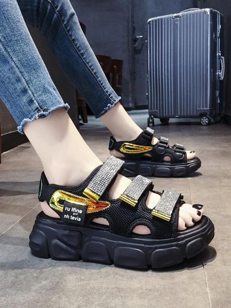

sports women's sandals shoes wedge summer heels bling bling suit female beige med rhinestone comfort block on ladies 2020, Black
