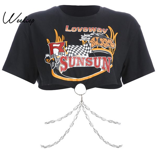 

weekeep black streetwear metal chain patchwork t shirt women printed o-neck short sleeve t-shirt 2019 fashion tee shirt femme, White