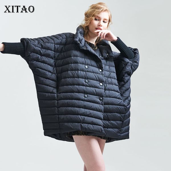 

xitao plus size pleated thick down coats women clothes 2019 turn down collar double breasted batwing sleeve winter new gcc1940, Black