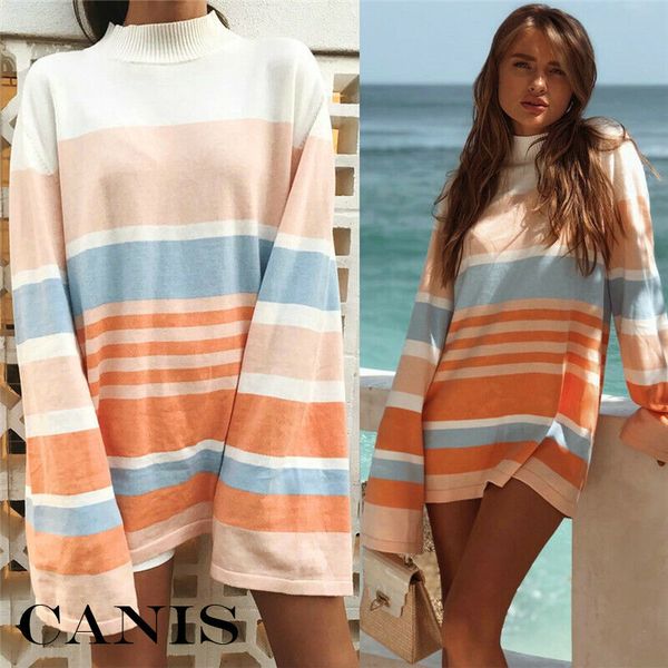 

womens long flare sleeve striped print winter blouse ladies casual pullover loose tunic striped t shirt top, White