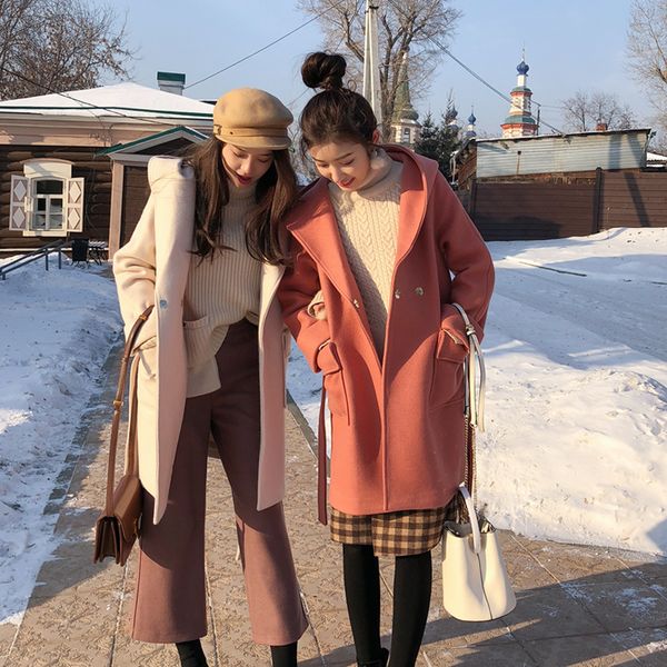 

mishow wool blends hooded solid women coats 2019 spring long pockets outwear covered button office lady elegent coats mx17d9644, Black