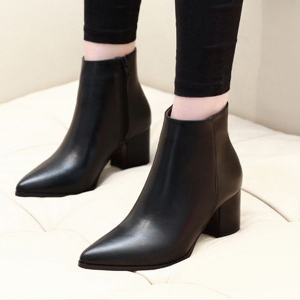 

brief pointed toe woman boots winter thick heel botas side zipper leather ankle botines short snow booties female, Black