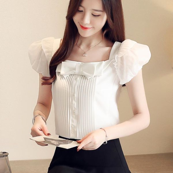 

fashion white chiffon blouses shirts 2020 summer new female bow square neck off shoulder korean fashion clothing shirt 81e