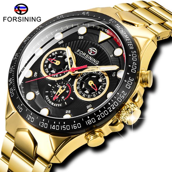 

forsining three dial men automatic mechanical watch sports luminous waterproof clock relogio masculino, Slivery;brown