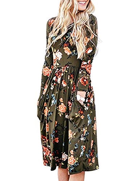 

finmye women's long sleeve pleated floral swing midi dress with pocket, Black;gray