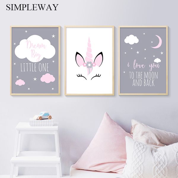 Unicorn Canvas Poster Baby Girl Nursery Quotes Wall Art Print Love You To The Moon Painting Nordic Kids Room Decoration Picture