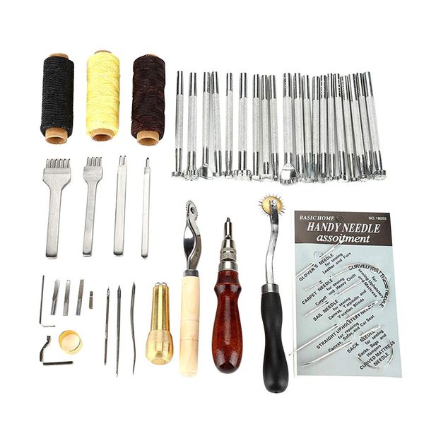 

48pcs leather craft tools kit diy hand stitching sewing carving work punch saddle leathercraft accessories for leather working