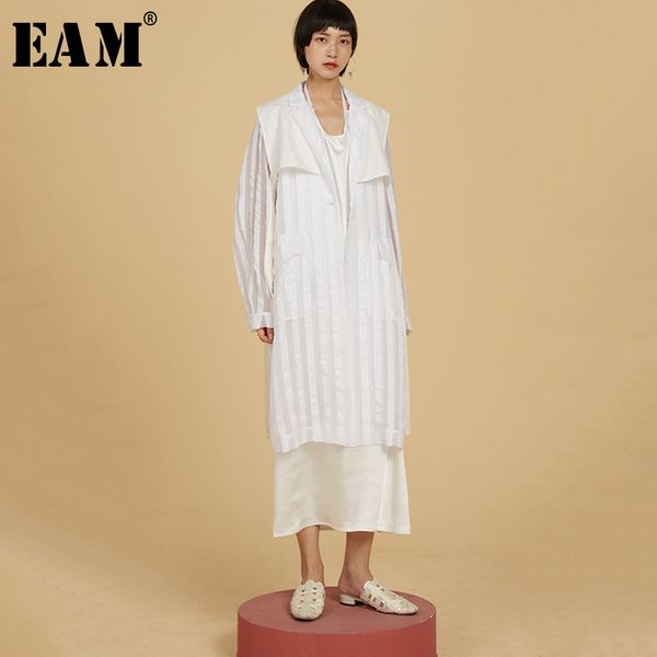 

eam] 2019 new spring summer lapel long sleeve white striped perspective stitch loose long jacket women coat fashion tide ju819, Black;brown