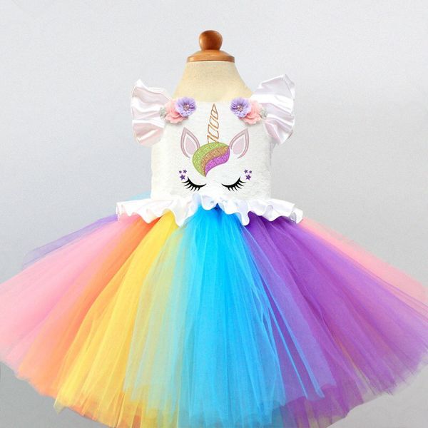 

fancy baby girls unicorn colorful clothes 1 year girl baby birthday dress cake smash outfits embroidery flower rainbow outfits, Red;yellow