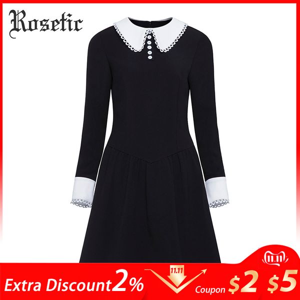 

rosetic gothic dress black women autumn a-line peter pan collar slim waist street fashion retro preppy goth dresses winter, Black;gray