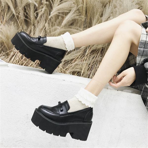 

2019 fashion personality thick bottom ladies round head single shoes european style high heel british women's shoes simple, Black