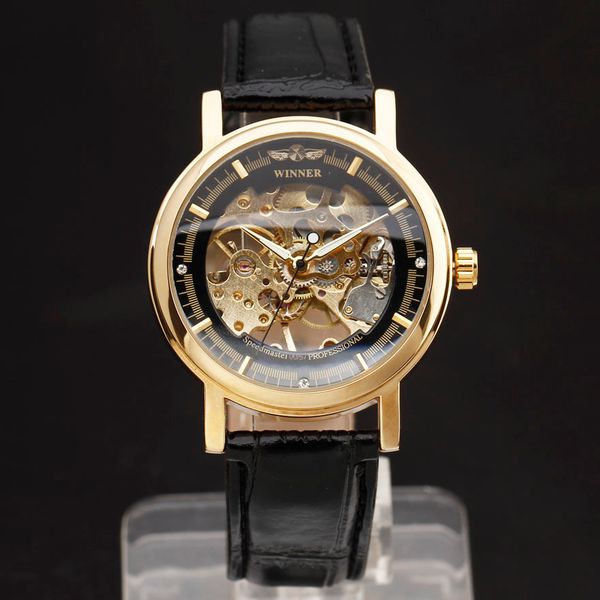 

2017 brand fashion men mechanical hand-wind skeleton dial genuine leather strap wrist watch classic style male gift clock, Slivery;brown