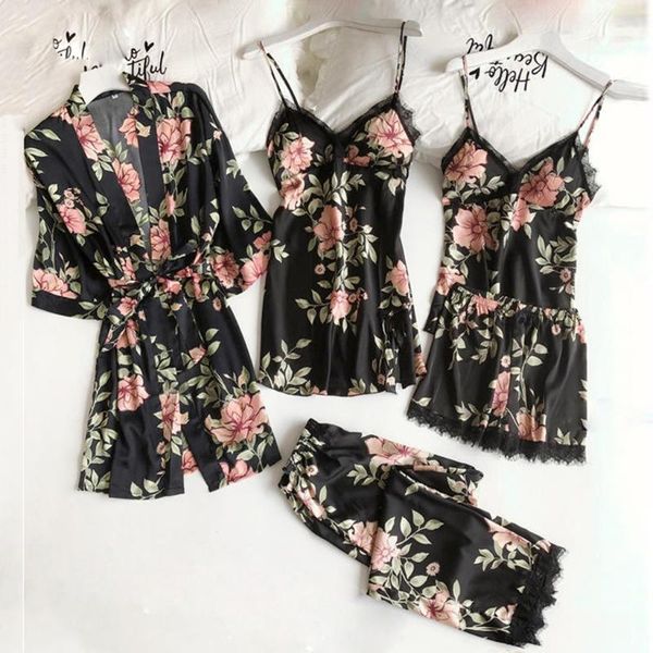 

5pc lace satin robe bathrobe trousers shorts lingerie set pajamas sleepwear casual loose nightgown womens pajamas nightwear, Black;red