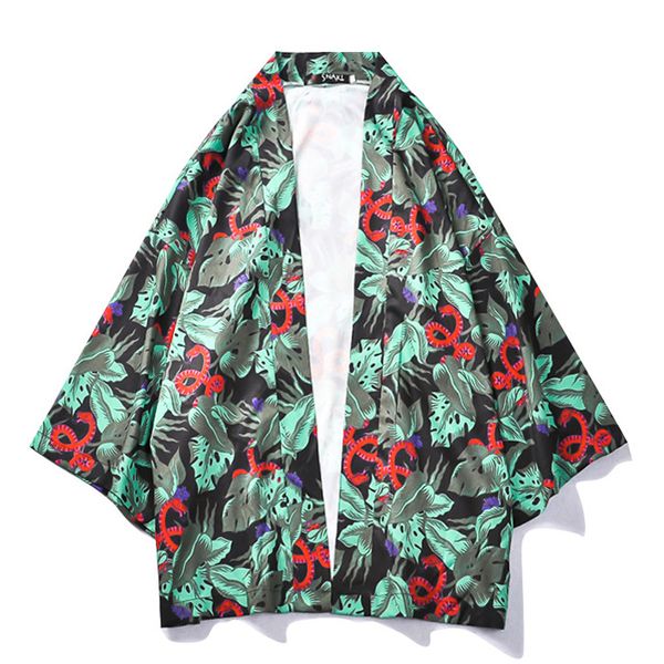 

planet print kimono three quarter sleeve oversized shirts for men sunprotect men's shirt street clothing, Black;brown