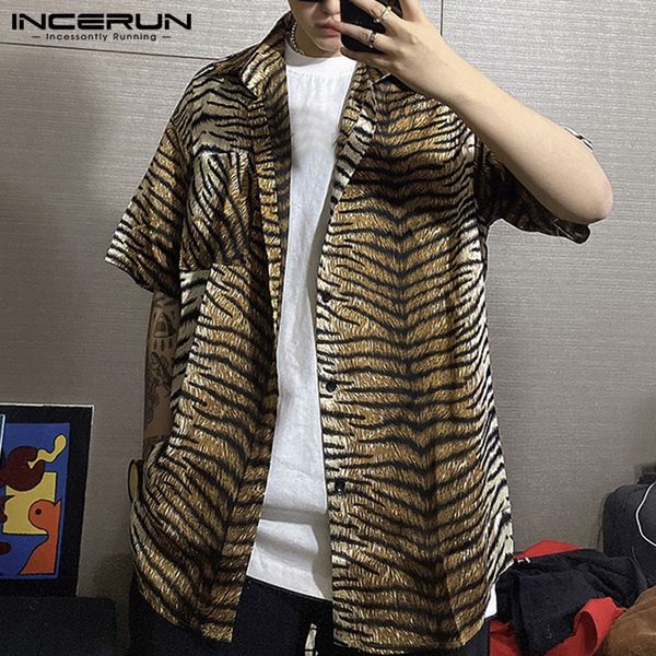 

2020 men leopard print shirt short sleeve turn down collar streetwear blouse button fashion casual mens hawaiian shirts incerun, White;black