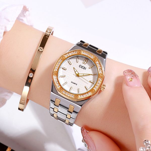 

gedi brand ladies' luxury stainless steel quartz watch fashion diamond rose gold female wrist watchesrelogio feminino hodinky, Slivery;brown