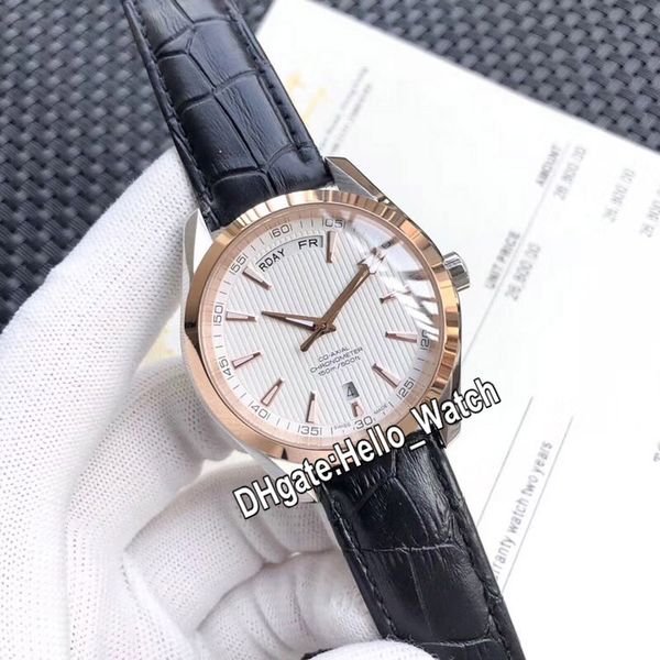 

new aqua terra 150m day-date 231.53.42.22.02.001 automatic mens watch white texture dial rose gold case leather strap watches hello_watch, Slivery;brown