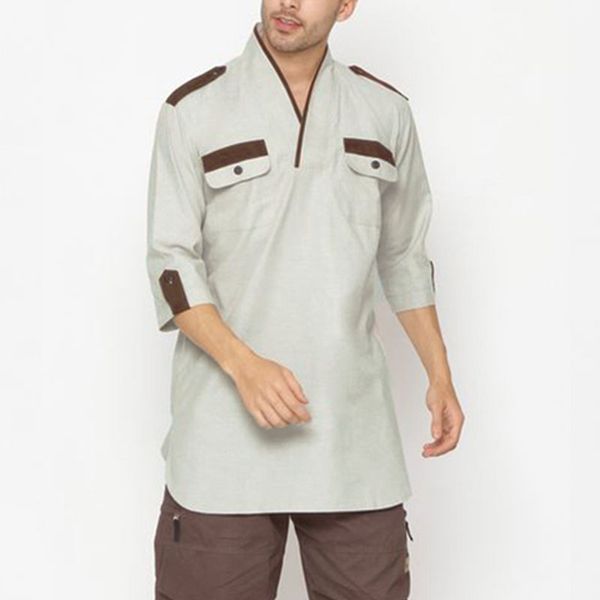 

2020 vintage men shirt patchwork half sleeve v neck streetwear muslim kaftan retro casual mens kurtas s-5xl incerun, White;black