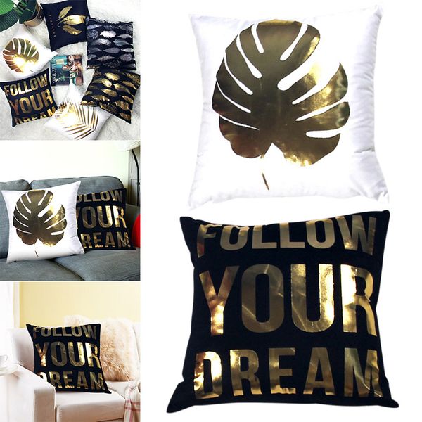 

2pcs bronzing cushion cover soft plush leaf letter feathers cushion cover for sofa chair car bed aug889, White;black