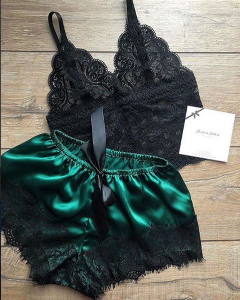 

lisacmvpnel lace women pajamas spaghetti strap shorts set pyjamas v-neck blackless fashion pijamas dropshipping, Black;red