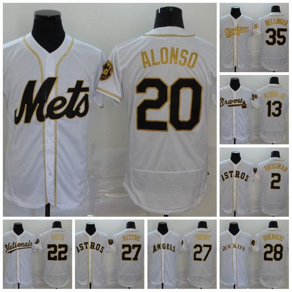 

2020 golden limited white jersey cody 35 bellinger 28 nolan arenado 27 mike trout jose altuve 34 david ortiz 22 juan soto acuna jr. jersey, Blue;black