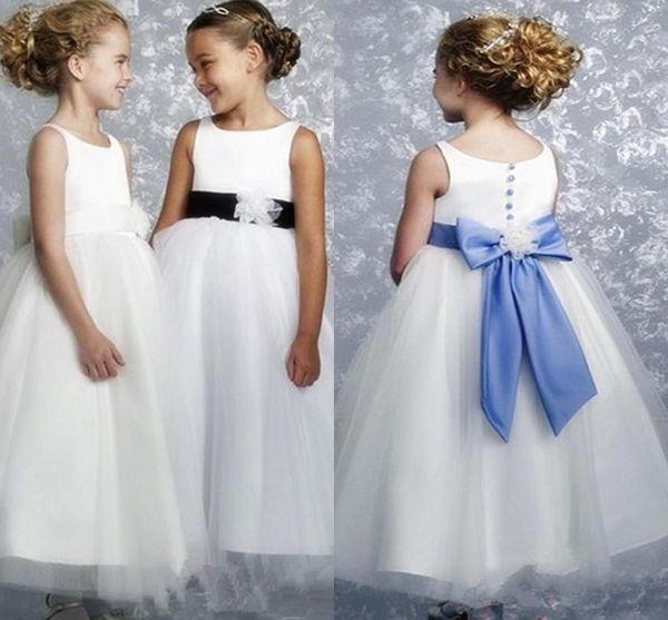 

latest white flower girls dresses jewel neck floral bow sash tulle long kids formal wear christmas party gowns, White;blue