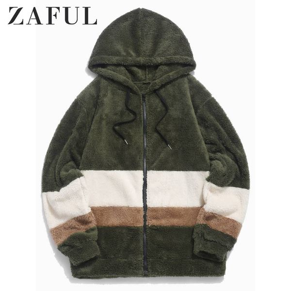 

zaful autumn men colorblock spliced faux fur fluffy hooded jacket long sleeves hooded zip up jacket spliced streetwear, Black;brown