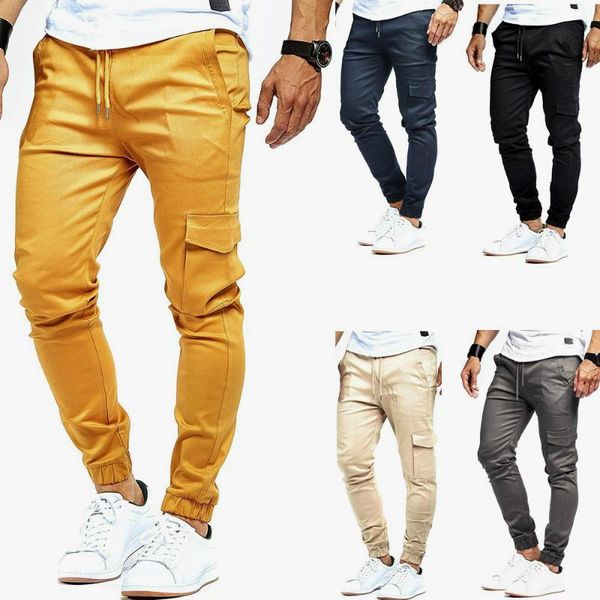 

2020 summer new men cargo pants elastic waist trousers mens pocket casual sport pants male thin long cargo, Black