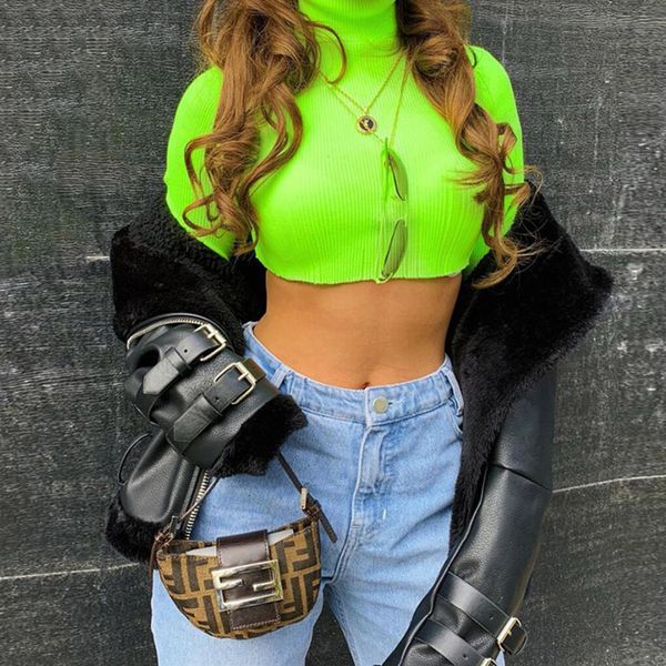 

женщины тенниска женщины top с длинным рукавом моды водолазку неоновый зеленый твердая футболки осень вязаная sexy crop tops площади шеи оде, White